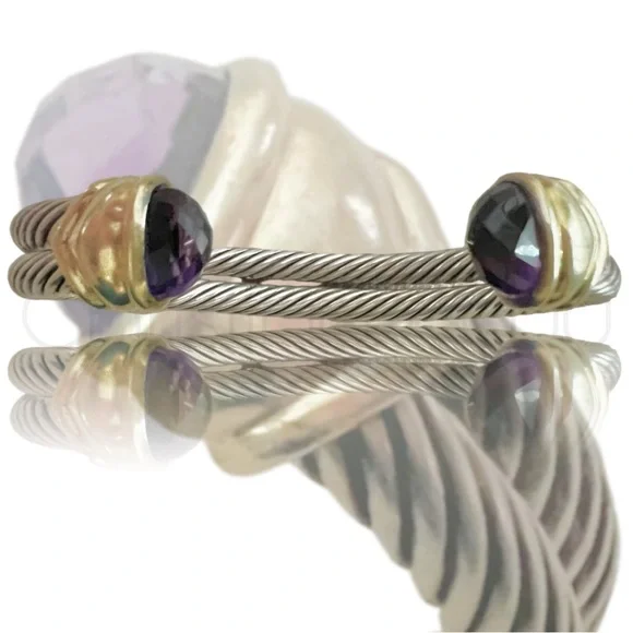 14k David Yurman VINTAGE amethyst double strand stacked cable cuff bracelet - Picture 5 of 9